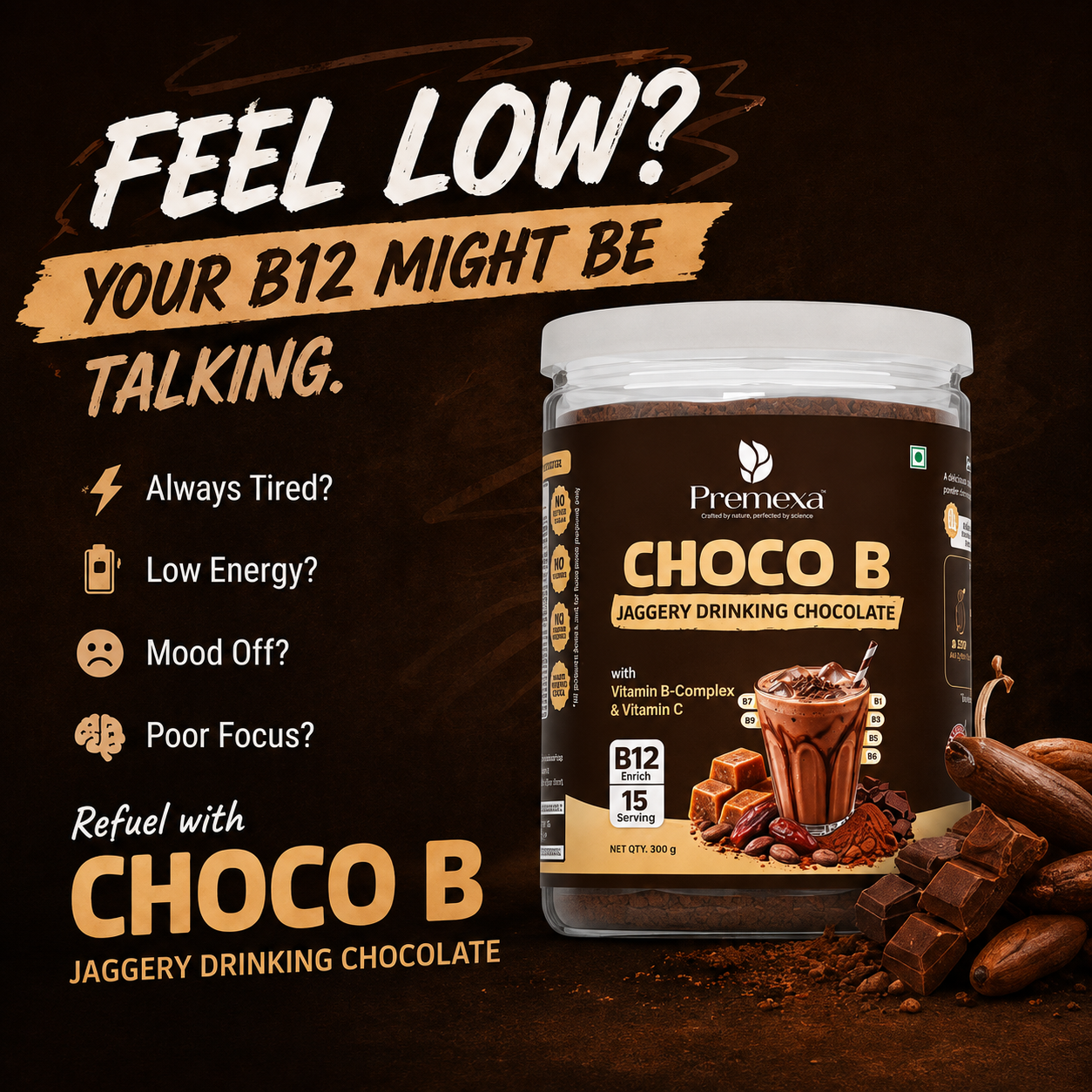 Premexa Choco B – Jaggery Drinking Chocolate with Vitamin B-Complex & Vitamin C