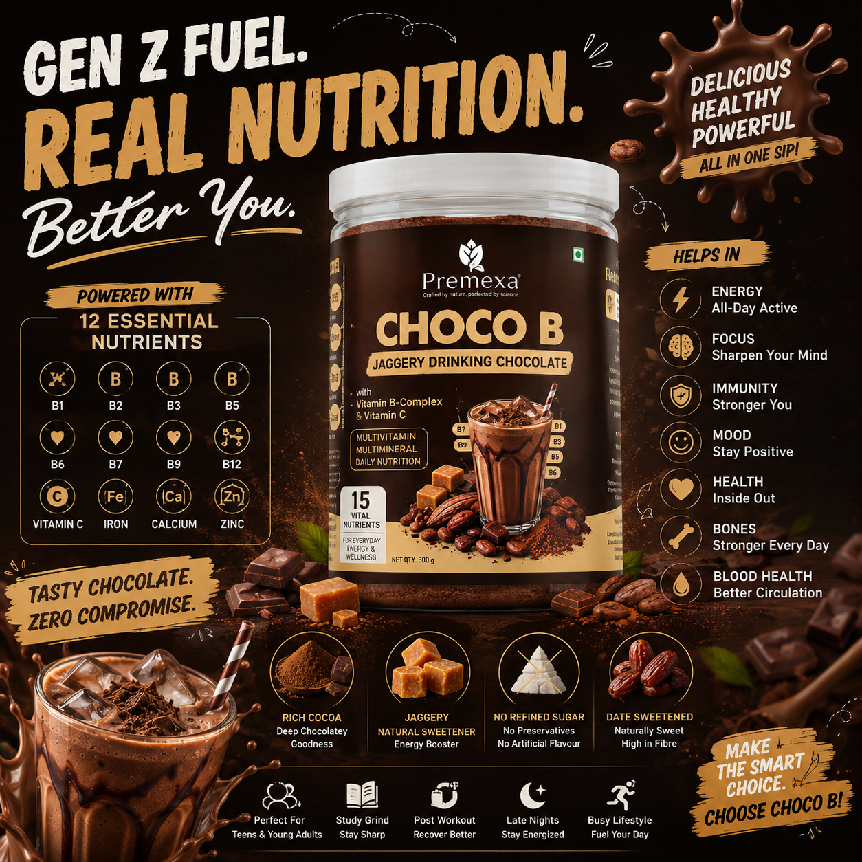 Premexa Choco B – Jaggery Drinking Chocolate with Vitamin B-Complex & Vitamin C