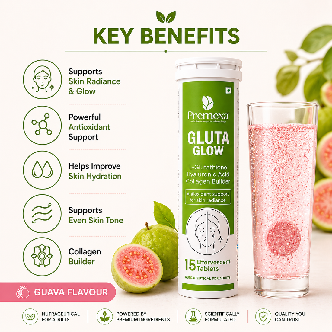 Premexa Gluta Glow Effervescent Tablets | Skin Glow & Antioxidant Support | 30 Tablets | 2 TUBE