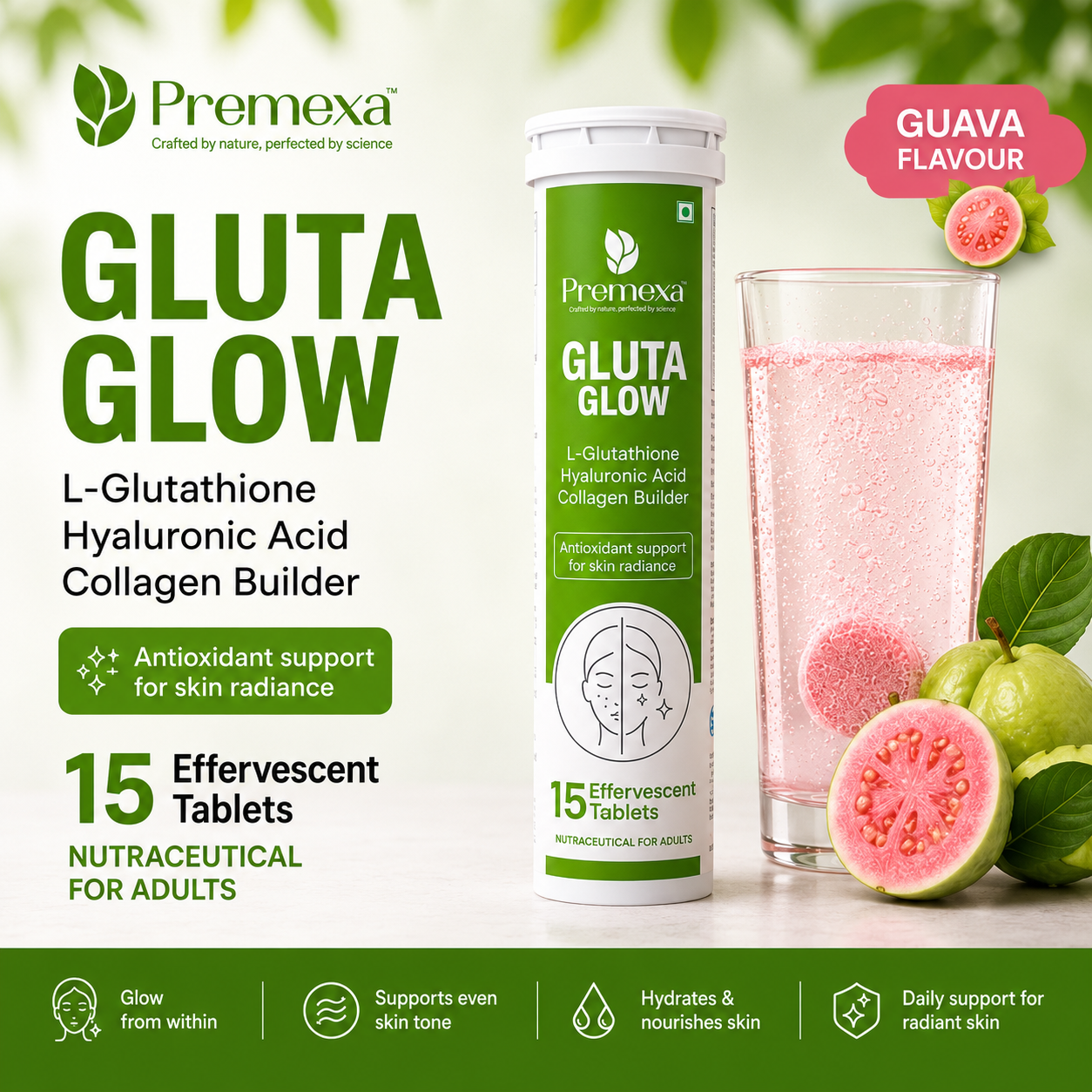 Premexa Gluta Glow Effervescent Tablets | Skin Glow & Antioxidant Support | 30 Tablets | 2 TUBE