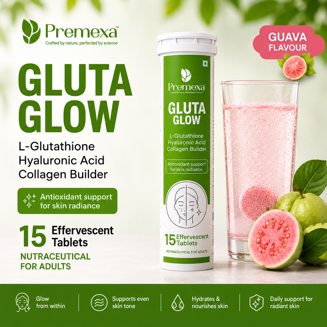 Premexa Gluta Glow Effervescent Tablets | Skin Glow & Antioxidant Support | 30 Tablets | 2 TUBE
