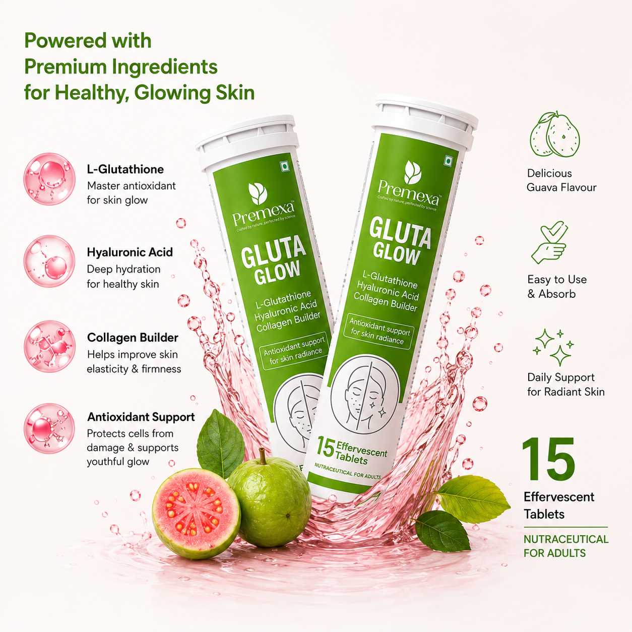 Premexa Gluta Glow Effervescent Tablets | Skin Glow & Antioxidant Support | 30 Tablets | 2 TUBE