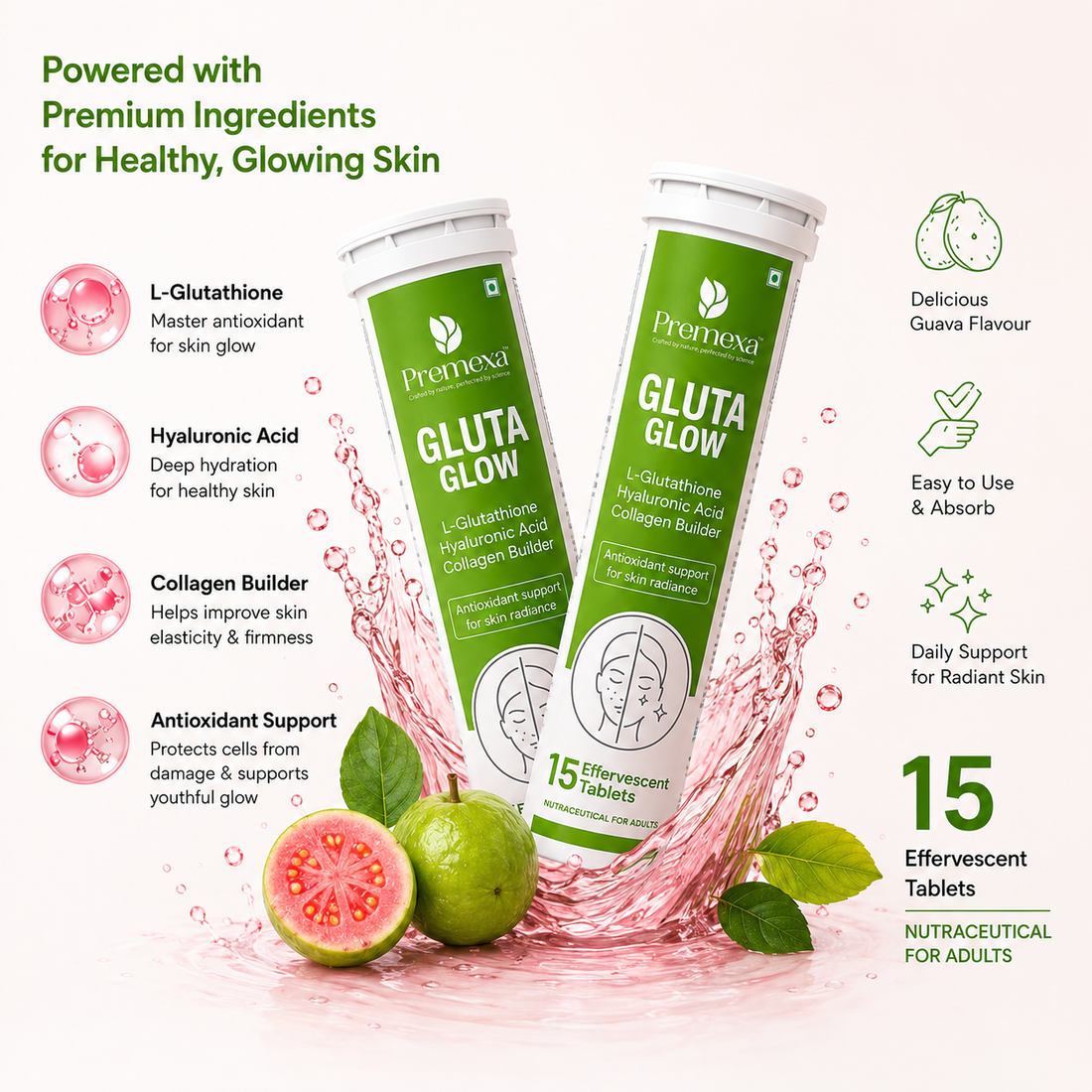Premexa Gluta Glow Effervescent Tablets | Skin Glow & Antioxidant Support | 30 Tablets | 2 TUBE