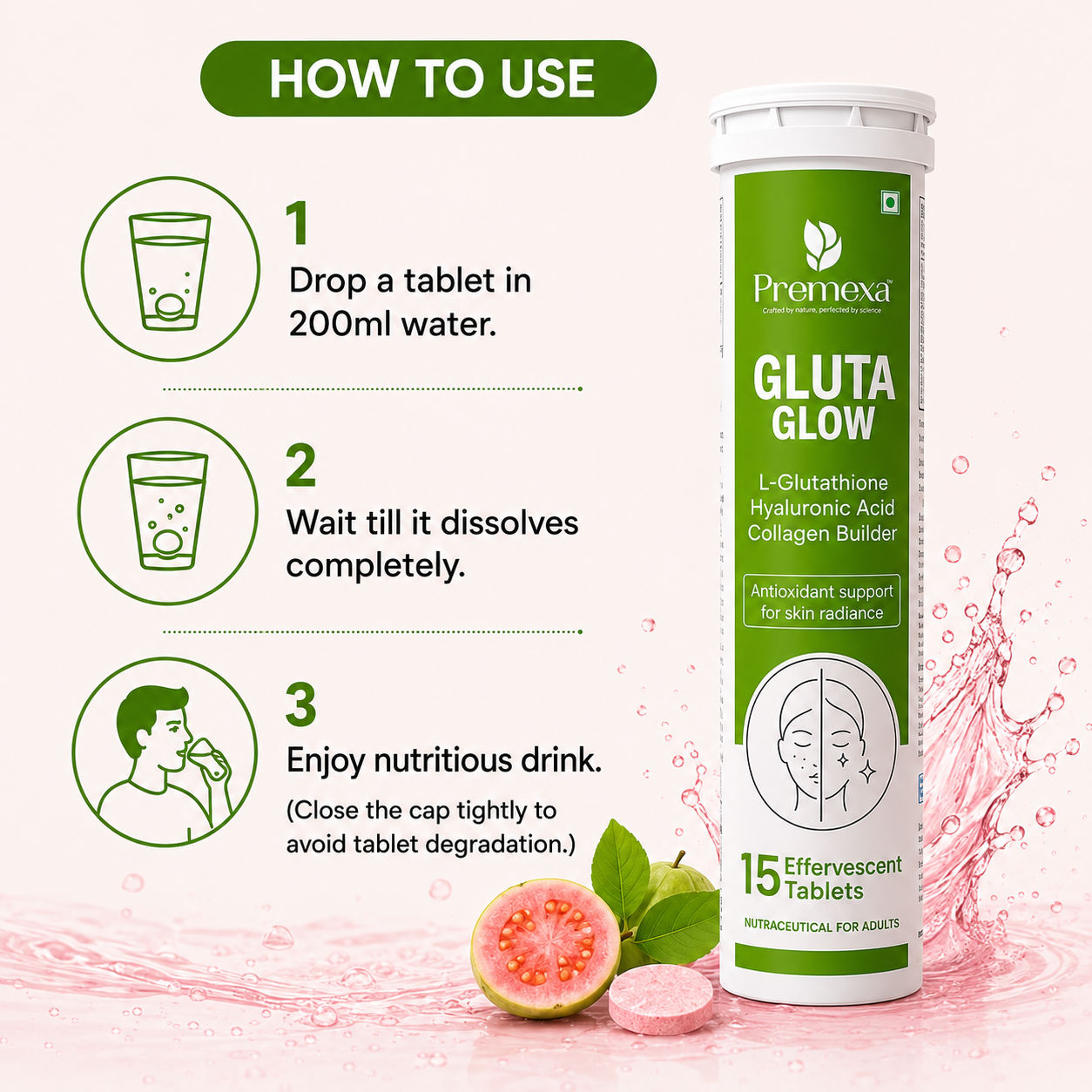 Premexa Gluta Glow Effervescent Tablets | Skin Glow & Antioxidant Support | 30 Tablets | 2 TUBE