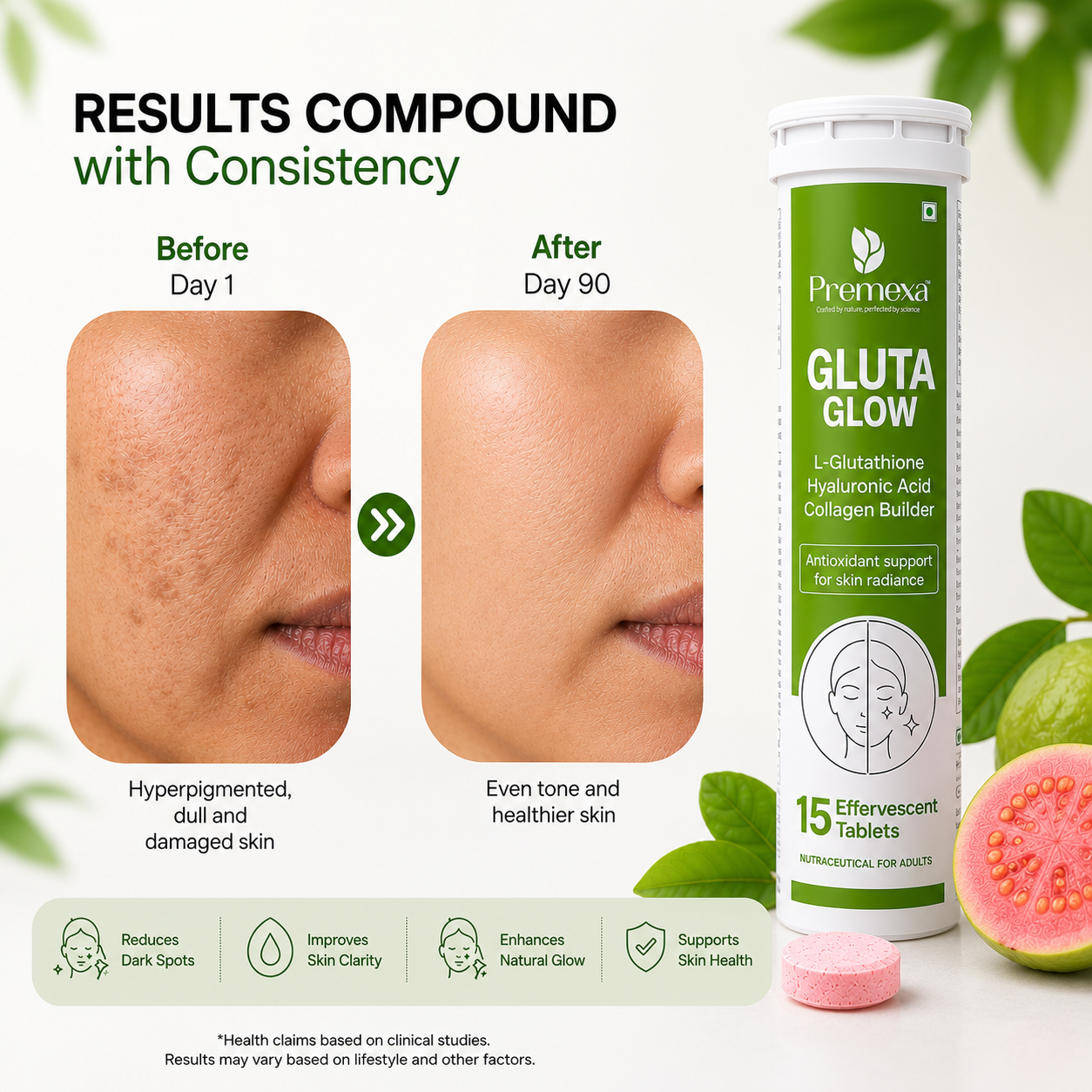 Premexa Gluta Glow Effervescent Tablets | Skin Glow & Antioxidant Support | 30 Tablets | 2 TUBE