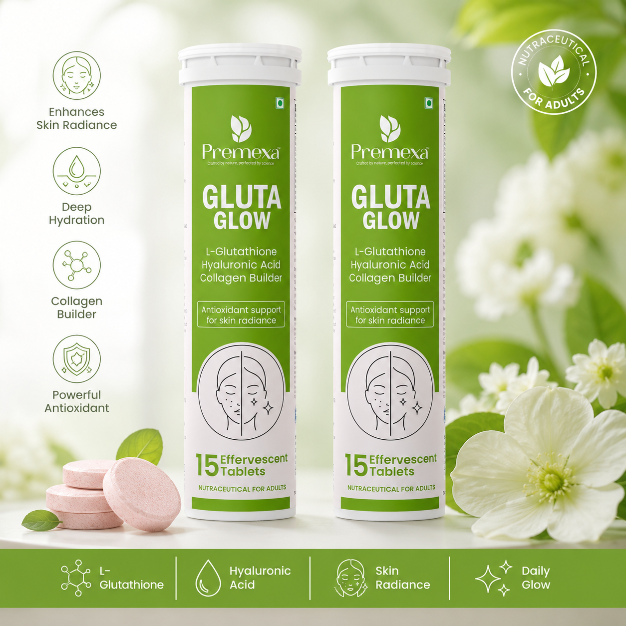 Premexa Gluta Glow Effervescent Tablets | Skin Glow & Antioxidant Support | 30 Tablets | 2 TUBE